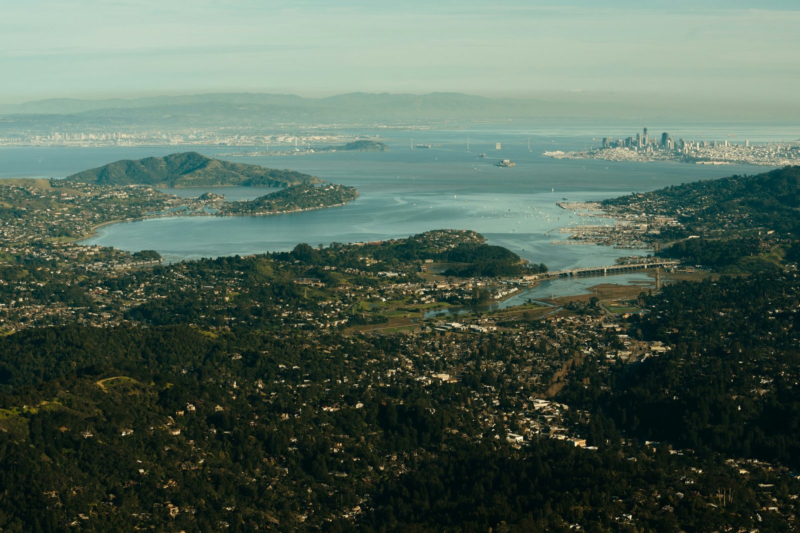 Aerial view of the San Francisco Bay, Marin, and the East Bay — the Contra Costa and San Mateo County communities Hands of God Serving reaches.